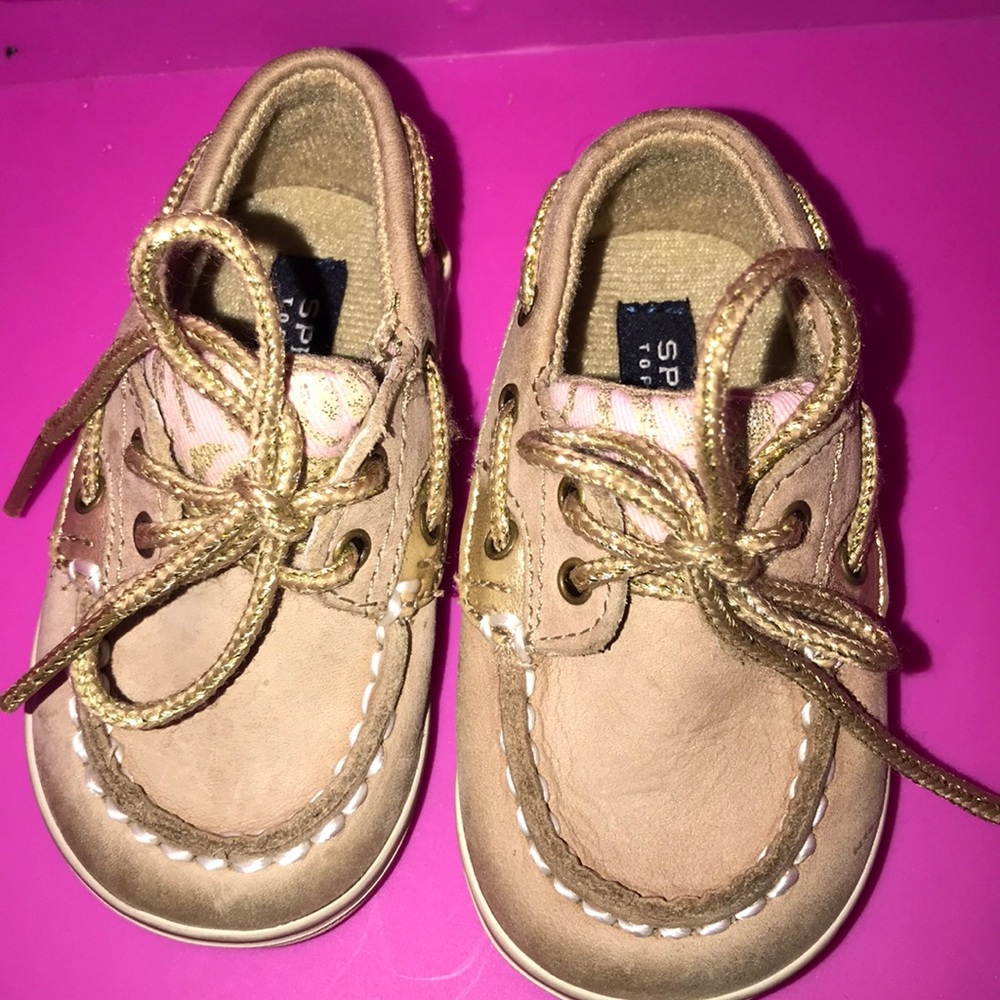 Sperry gold and pink Zebra print boat shoes